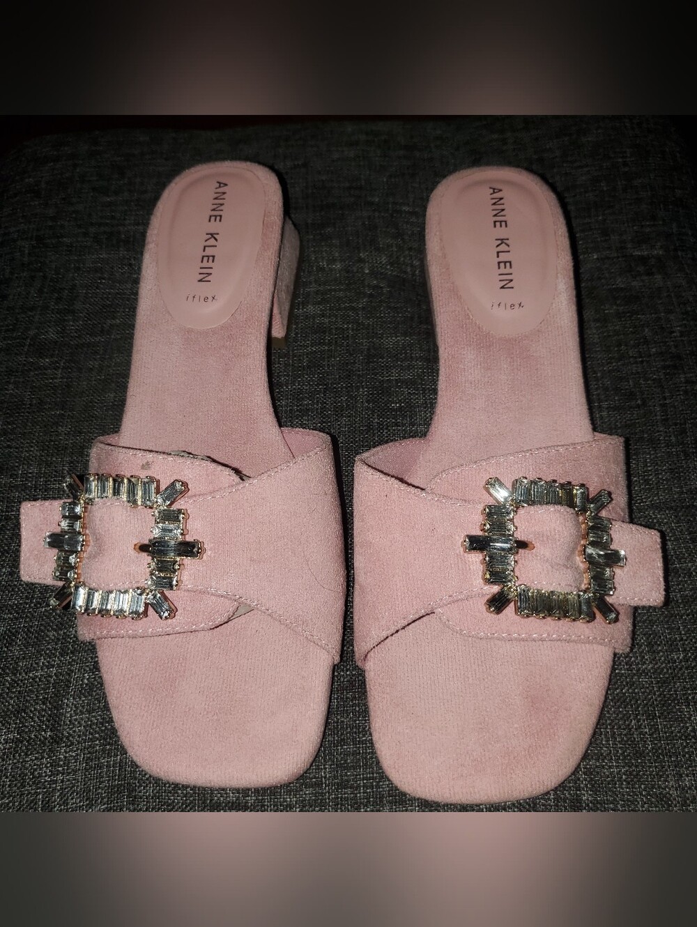 Anne Klein Blush Pink Crystal Buckle Slide Mules